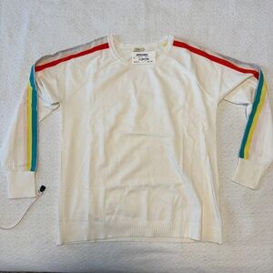 light weight white sweater with stripes on sleeves, large
